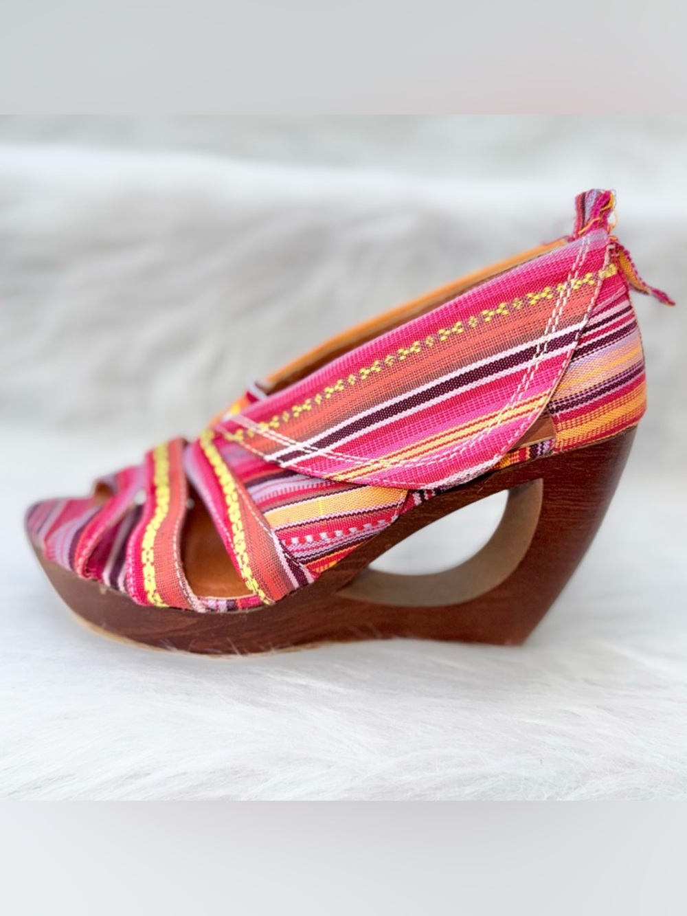 Bucco Capensis Multi-Color Striped Wedge Sandals - Sculptural Cutout Heel Size 8